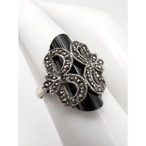 Art Deco Style Onyx Marcasite Sterling Silver 925 Ring Size 7.75